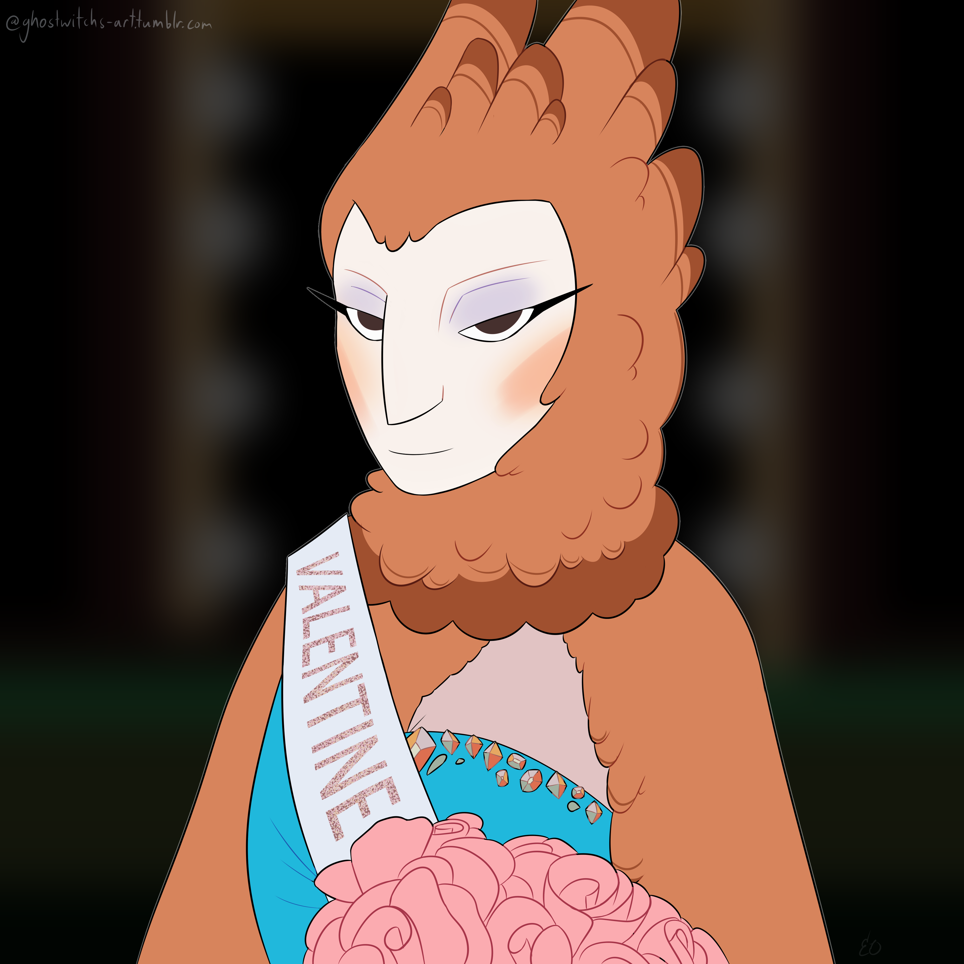 A flat painting of Valentine. It is based on the album The Rise and Fall of a Midwest Princess by Chappell Roan. She is wearing similar makeup and clothing, as well as a sash which now reads 'Valentine' instead of 'Chappell.'
